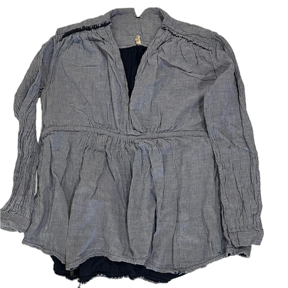 Free People Babydoll Top Womens Size Small Blue Striped Long Sleeve V Neck Basic